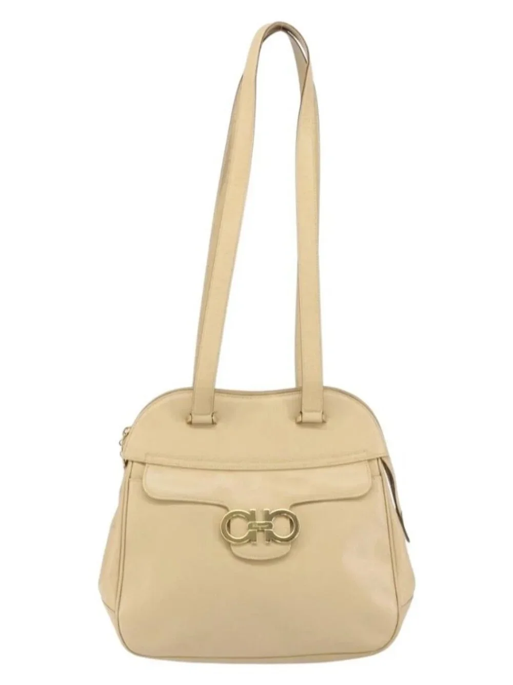 Salvatore Ferragamo Gancini Shoulder Bag Leather Beige Gold Auth 161430
